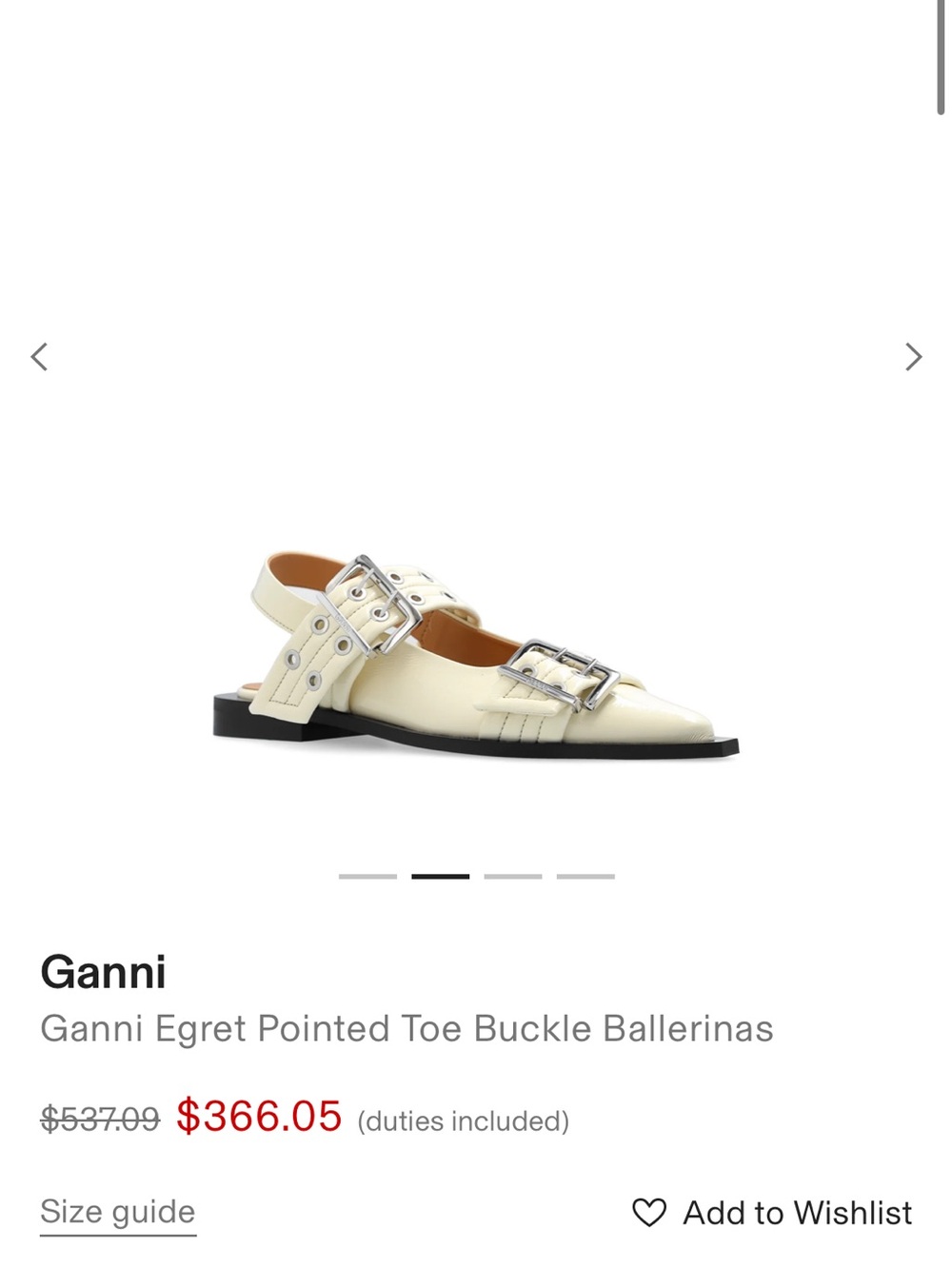 Ganni Egret Pointed Toe Buckle Ballerinas